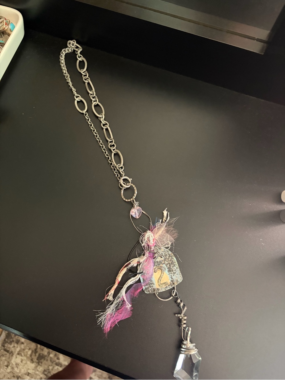 Up Cycled Silver Chain Pendant Necklace with Pink Accents- with crystal prism